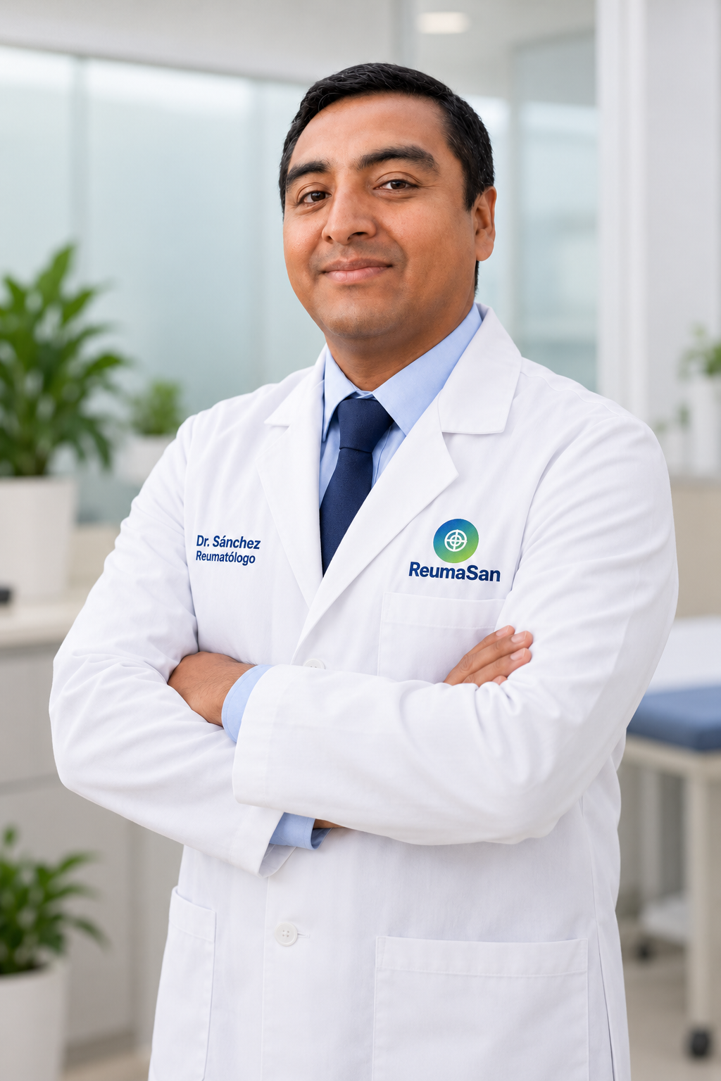 Dr. Danny Alejandro Sanchez Corales con guardapolvo blanco, logo ReumaSan y nombre bordados